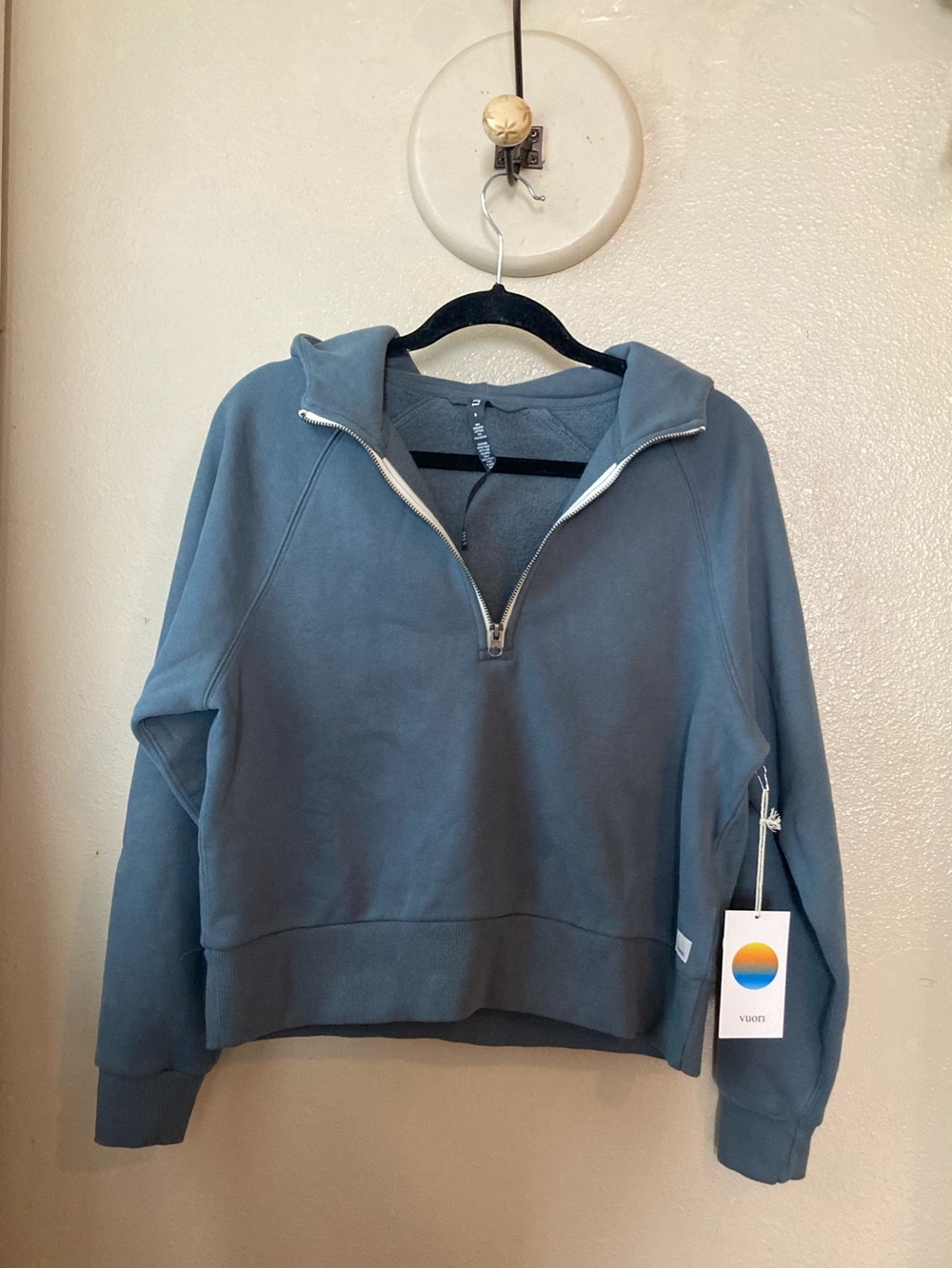 NWT Vuori Smoke Blue Restore Half-Zip Hooded Pullover Sweatshirt Organic Cotton
